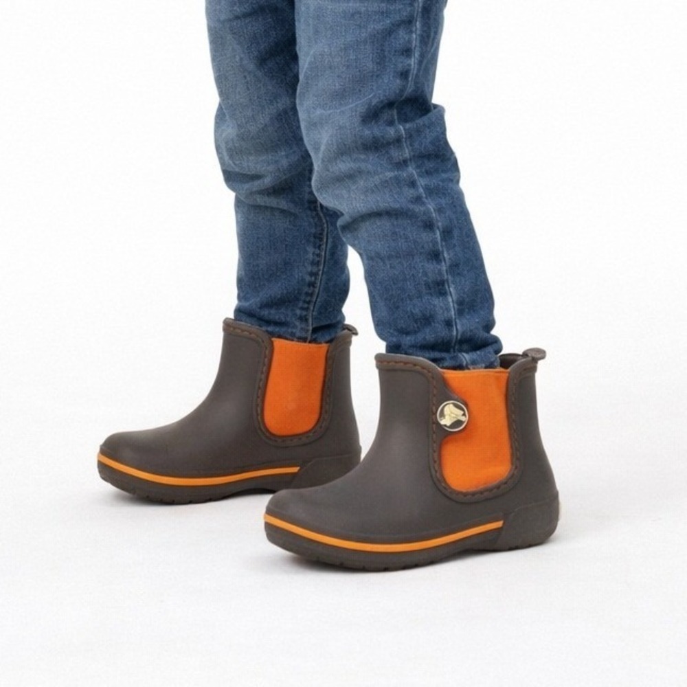 CROCS Rain Boots Waterproof Rubber Chelsea‎ Style Pull On Brown Orange Kids C10